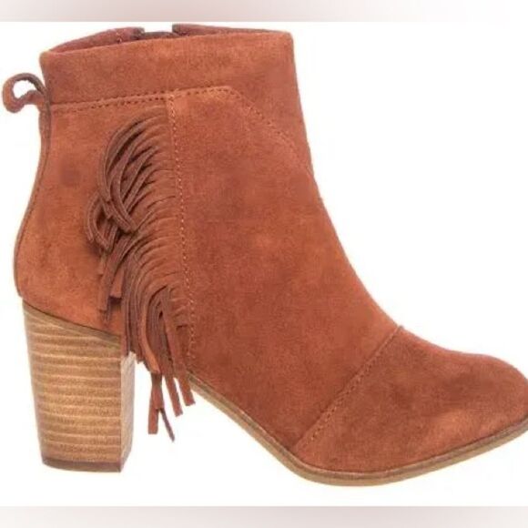 TOMS Lunata Western Boho Tassel Suede Bootie Stacked Block‎ Heel, Brown Size 8.5 - Picture 17 of 17